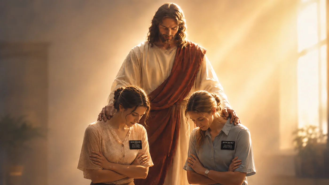 A painting of the Savior standing behind two sister missionaries, a hand on each shoulder