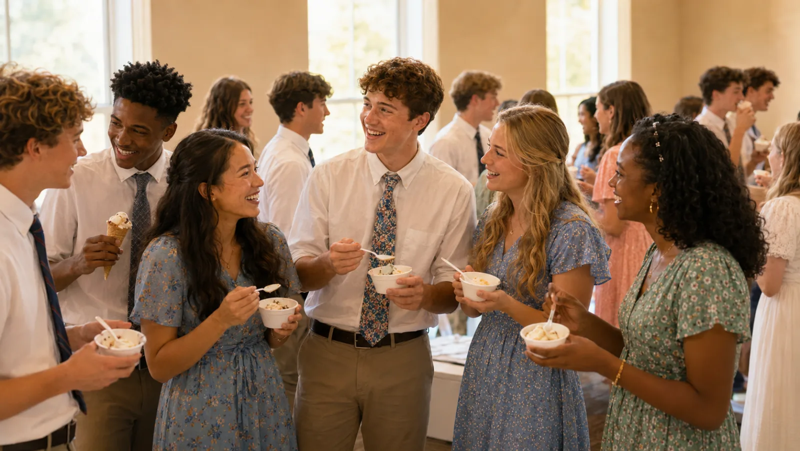 Youth laughing together over bowls and cones of ice cream before class